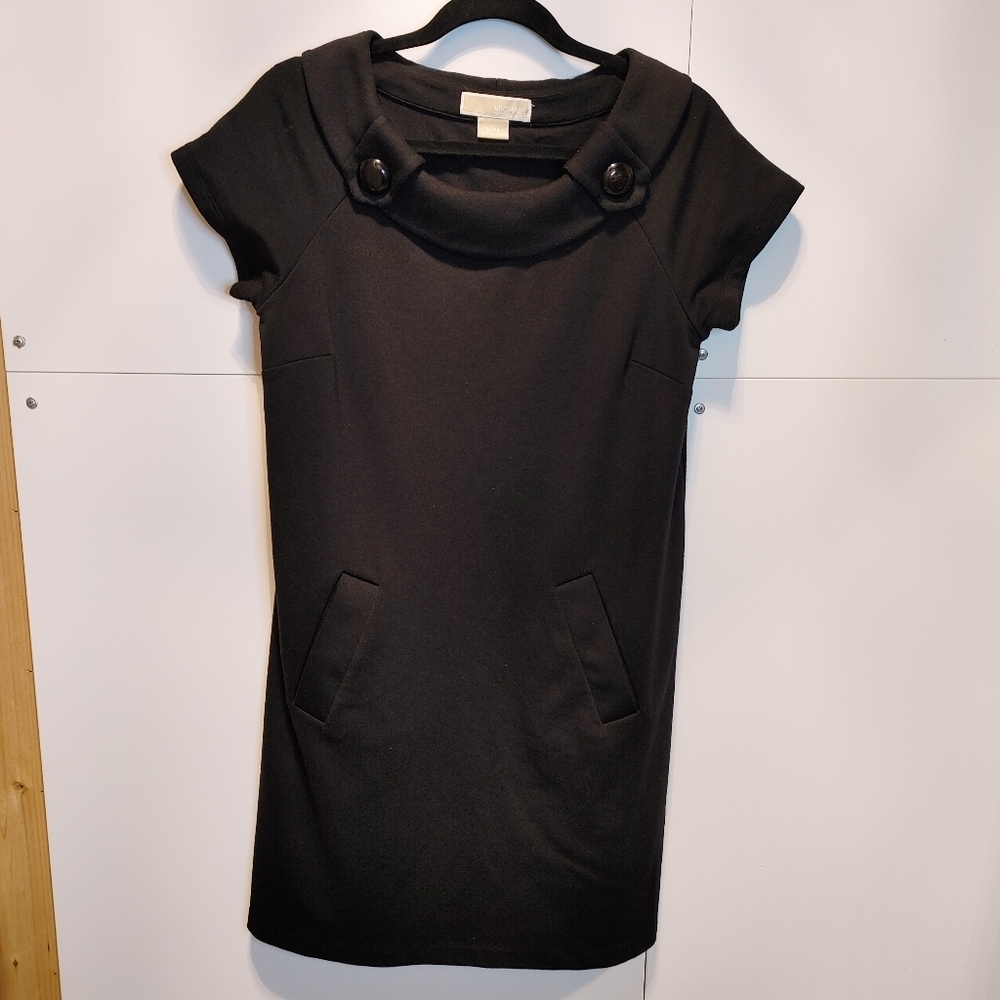MICHAEL Michael Kors Black Shift Dress M Cowl Neck Button Pockets